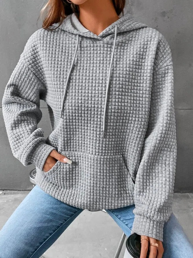 Women's Waffle Round Neck Long-sleeved Solid Color Tops