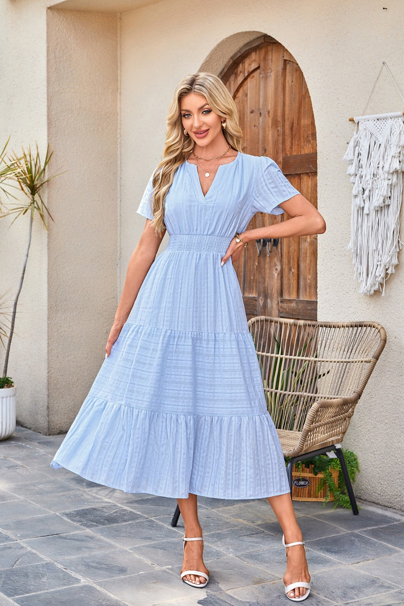 Women's Collar Pleating Puff Sleeve Large Swing Dresses