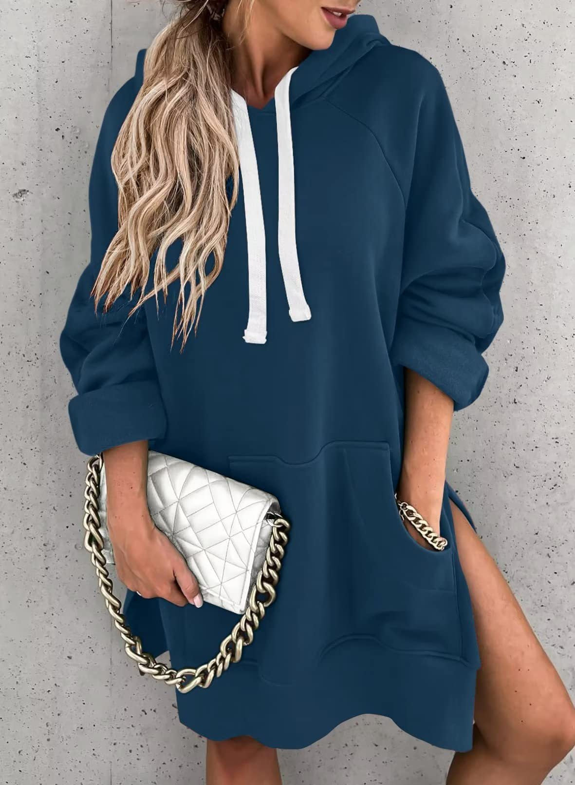 Women's Solid Color Casual Hooded Mouse Bag Rope Brushed Women's Sweater, Sweater