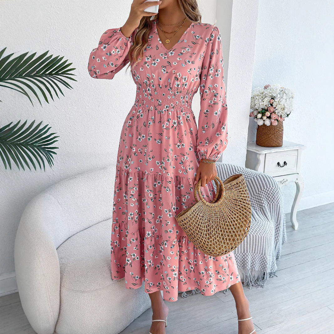 Women's Flowers Long Sleeve Waist Trimming Ruffles A- Line Dress