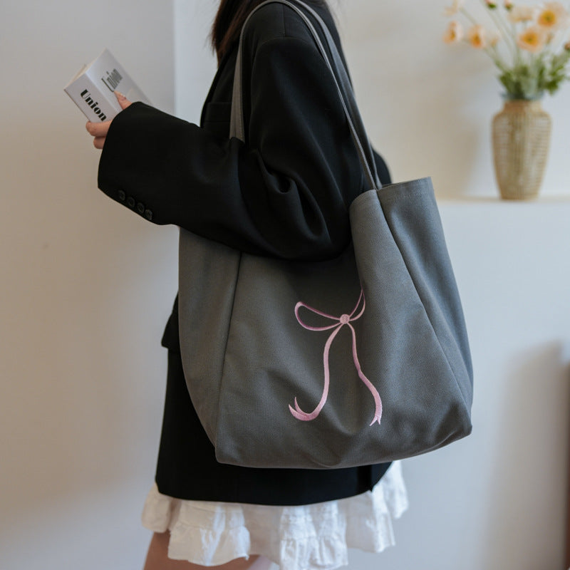Capacity Bowknot Embroidered Canvas Female Heart Shoulder Bags