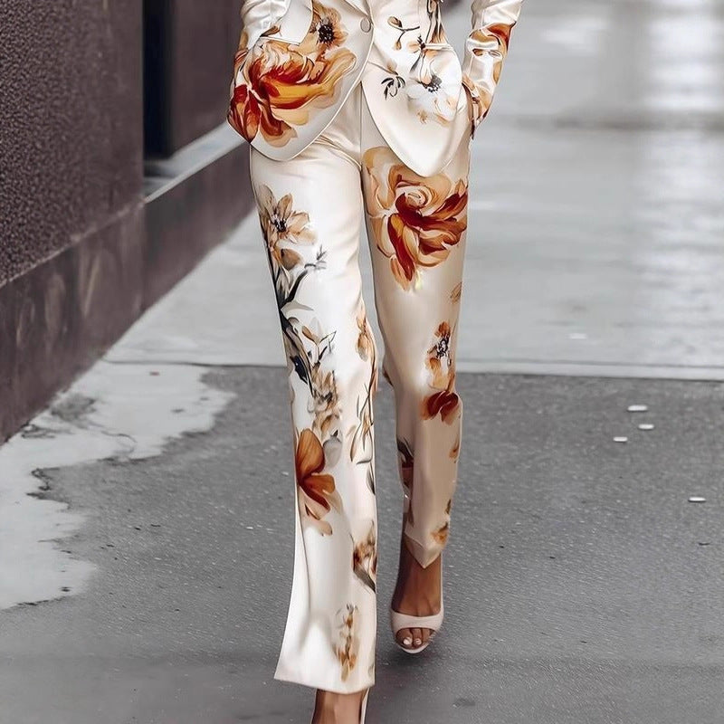 Fashion Printing Satin Long Sleeve Two-piece Suits