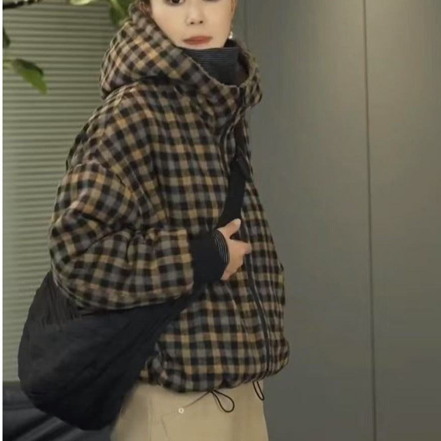 Women's Thickened Plaid Printed Hooded Cotton Casual Western Style Jackets