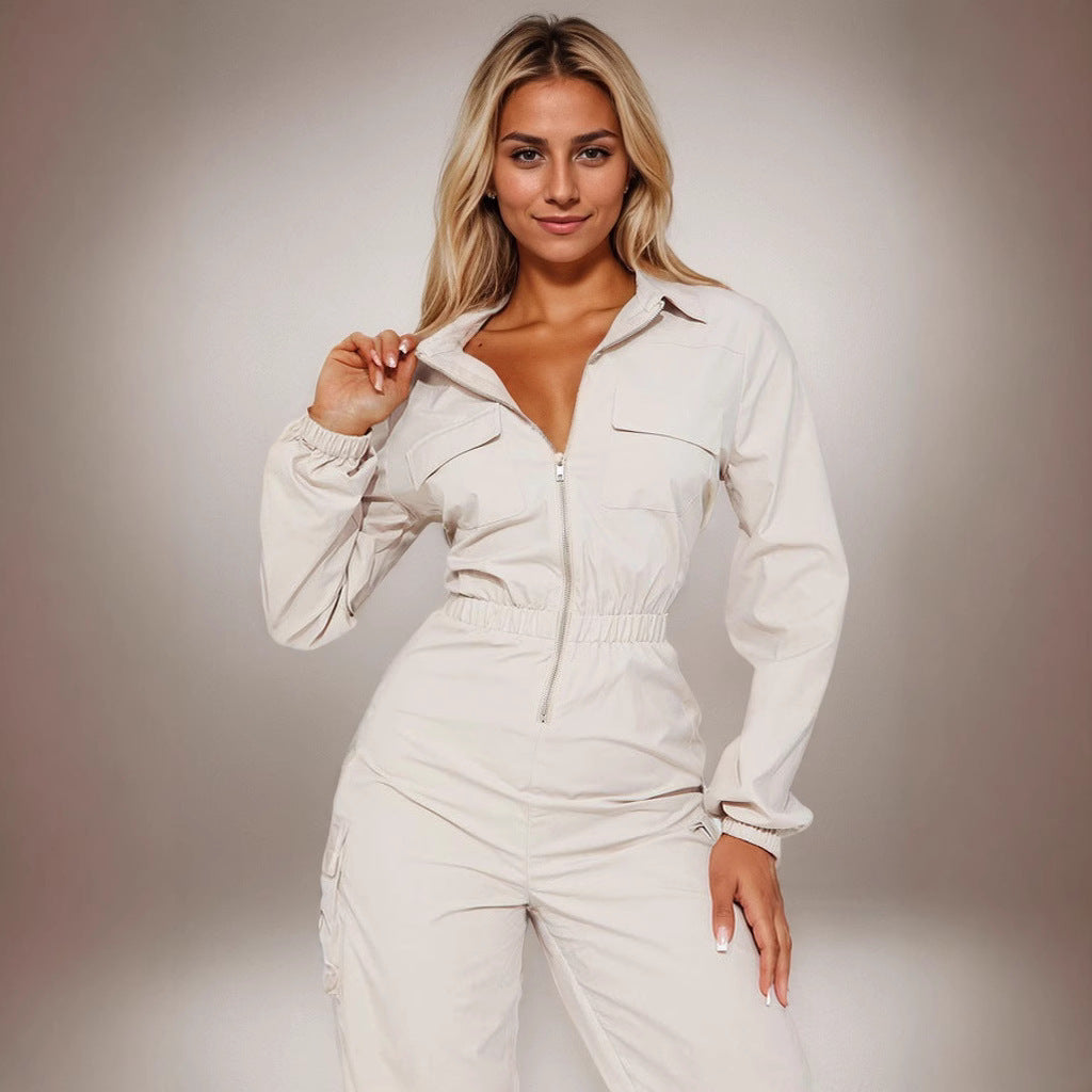 Women's Casual Outing Flip Pocket Coveralls Lapel Jumpsuits