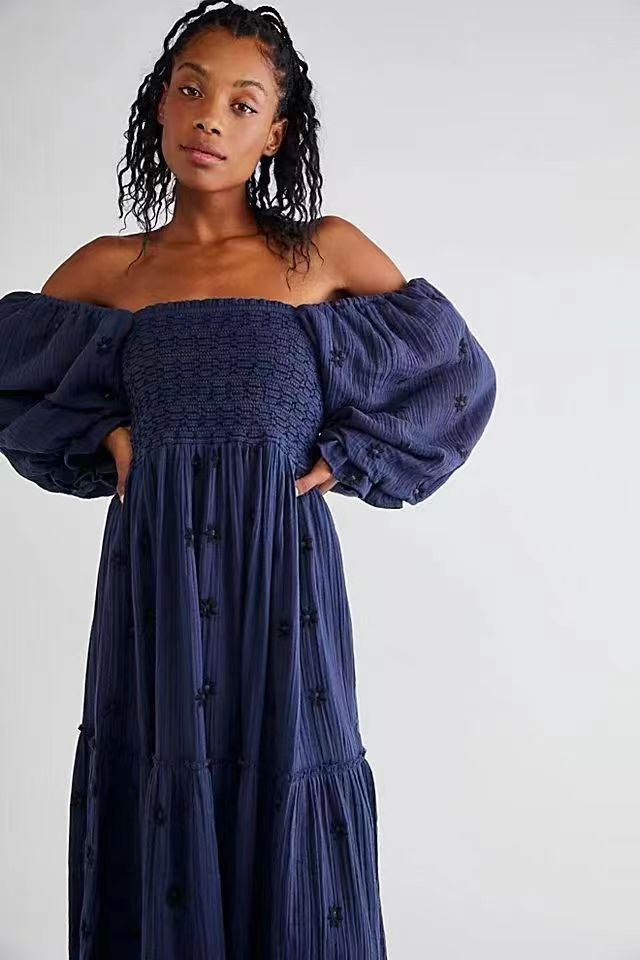 Autumn Casual Bell Sleeve Smocking Embroidered Square Dresses