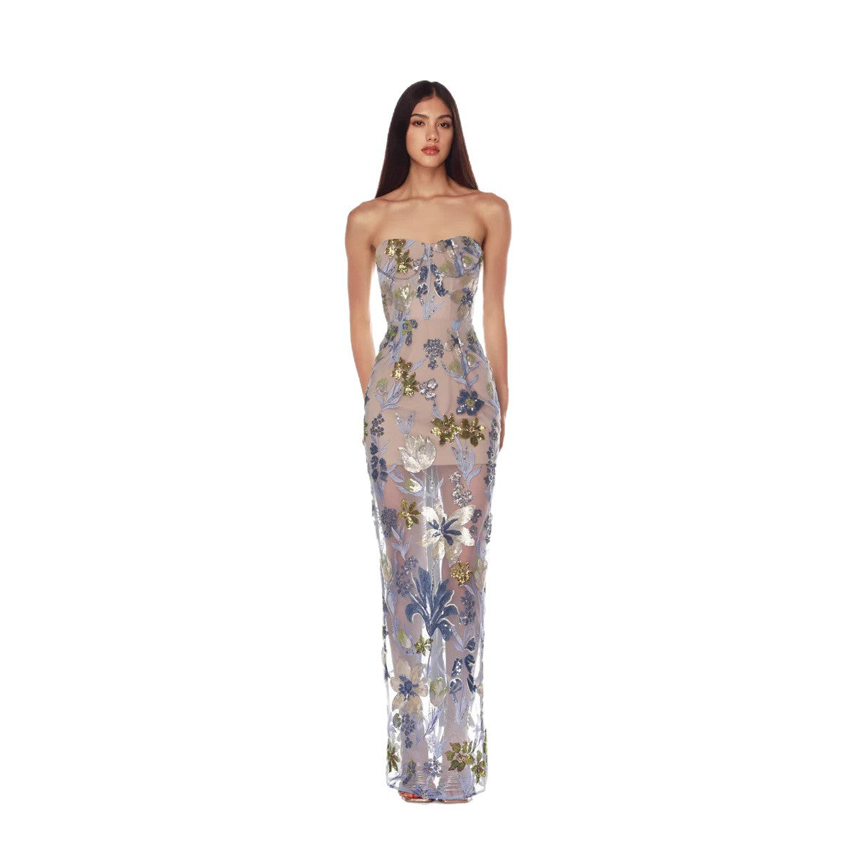 Women's Wear Tube Mesh Floral Embroidered Long Dresses