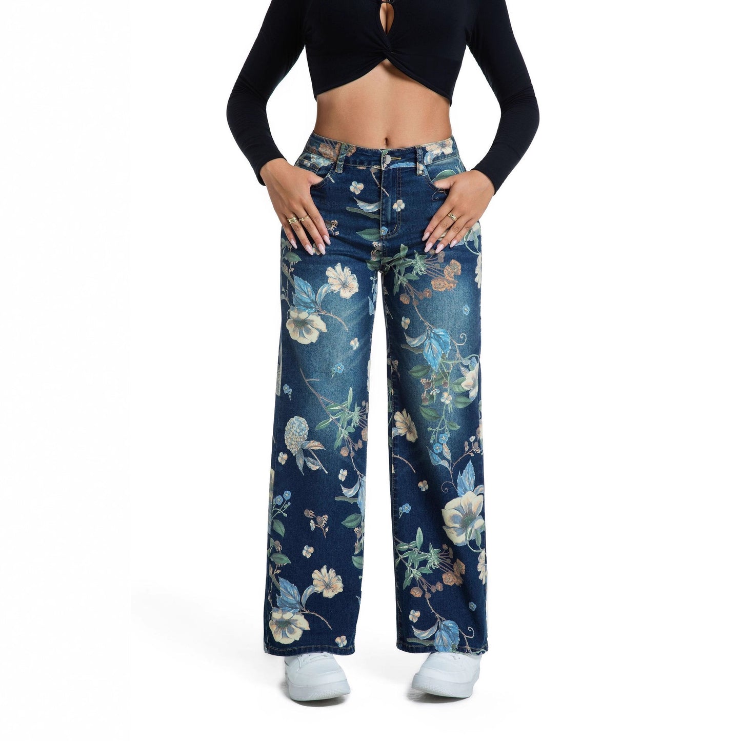 Waist Stretch Vintage Random Print Loose Wide Jeans