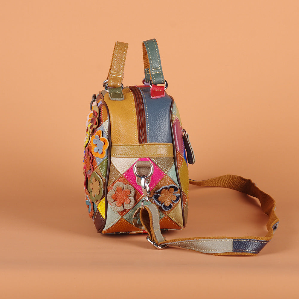 Women's Genuine Leather Hand Stitching Flower Colored Handbags