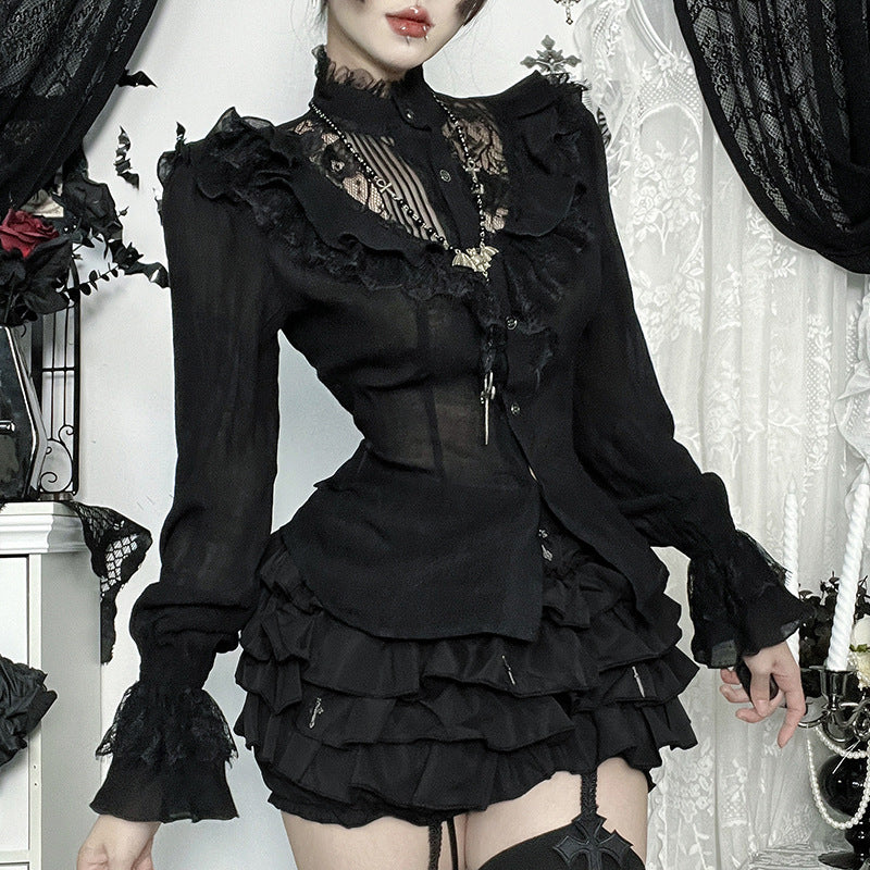 Dark Lace Long-sleeved Shirt Gothic Style Blouses