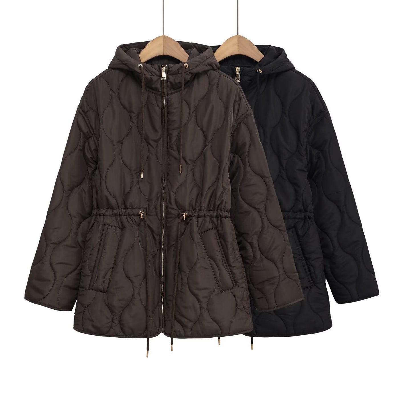 Women's Fashion Casual Mid-length Hoodie Cinched Quilted Coats