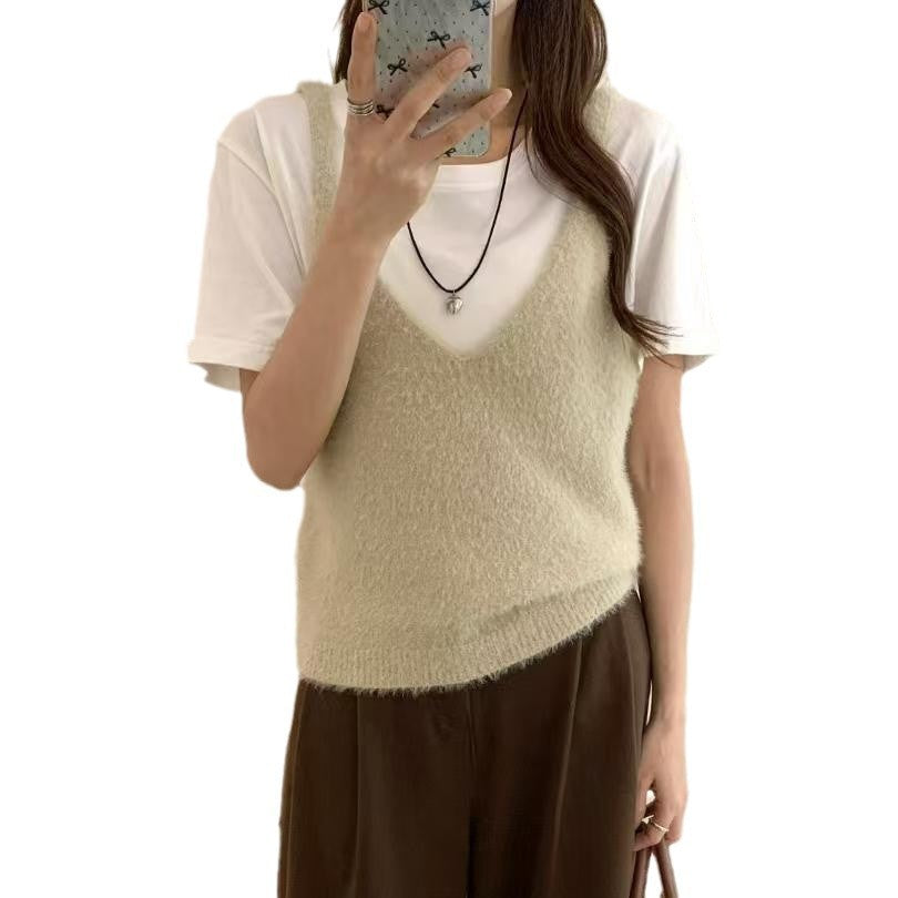 Korean Style Fashion Imitation Mink Simple Bandage Dress Knitted Women's Vest