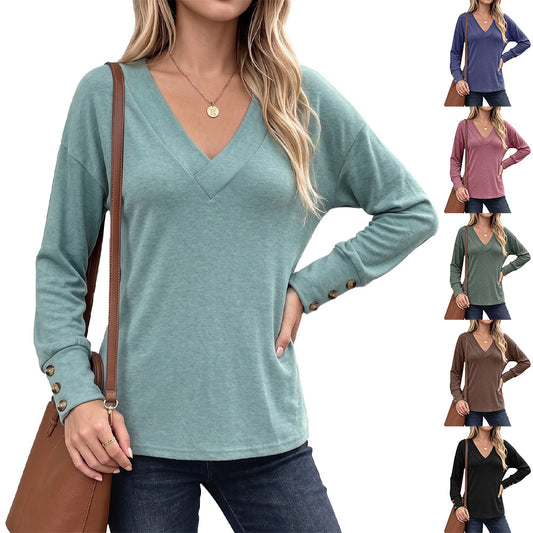 Solid Color Loose Button Long-sleeved Brushed Women's T-shirt