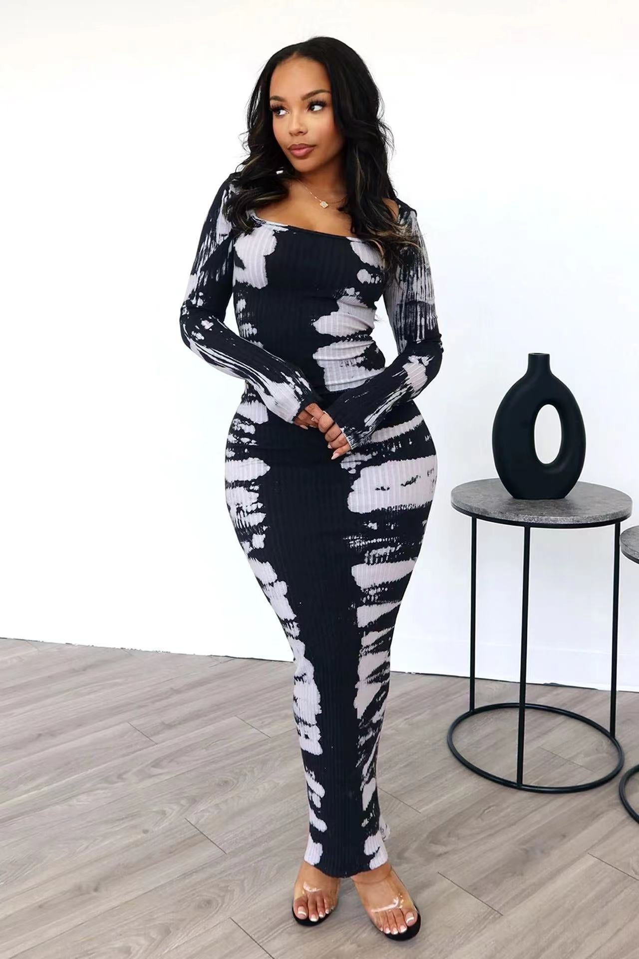 Women's Spring Sunken Stripe Printed Back Slit Dress