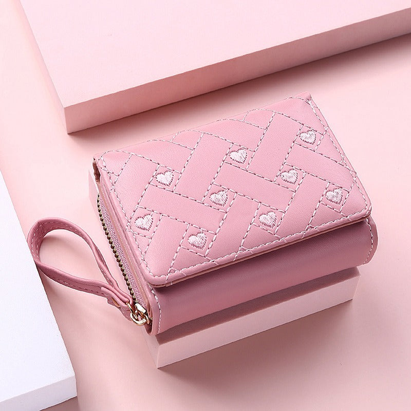 Women's Fashion Embroidery Love Tri Fold Multiple Ladies Wallets