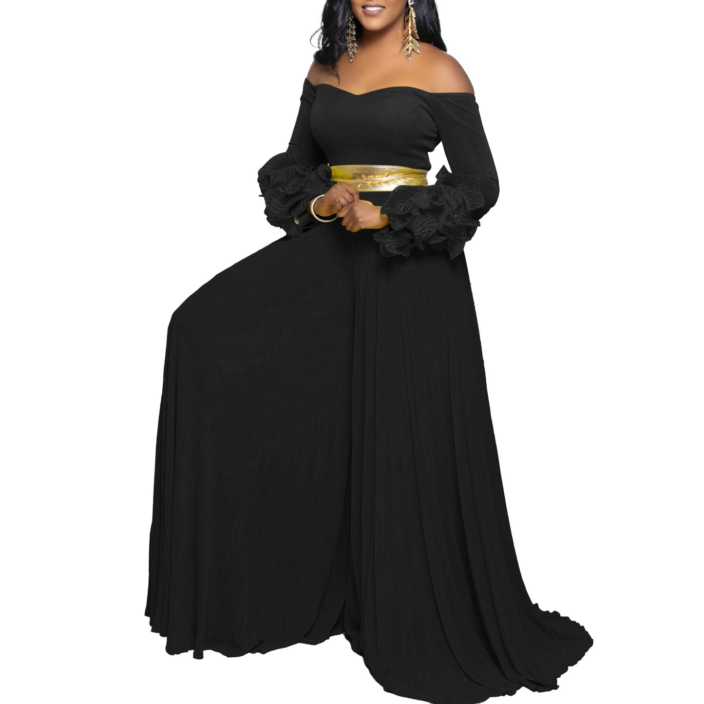 Fashion Ruffle Sleeve Solid Color Pleated Jumpsuits