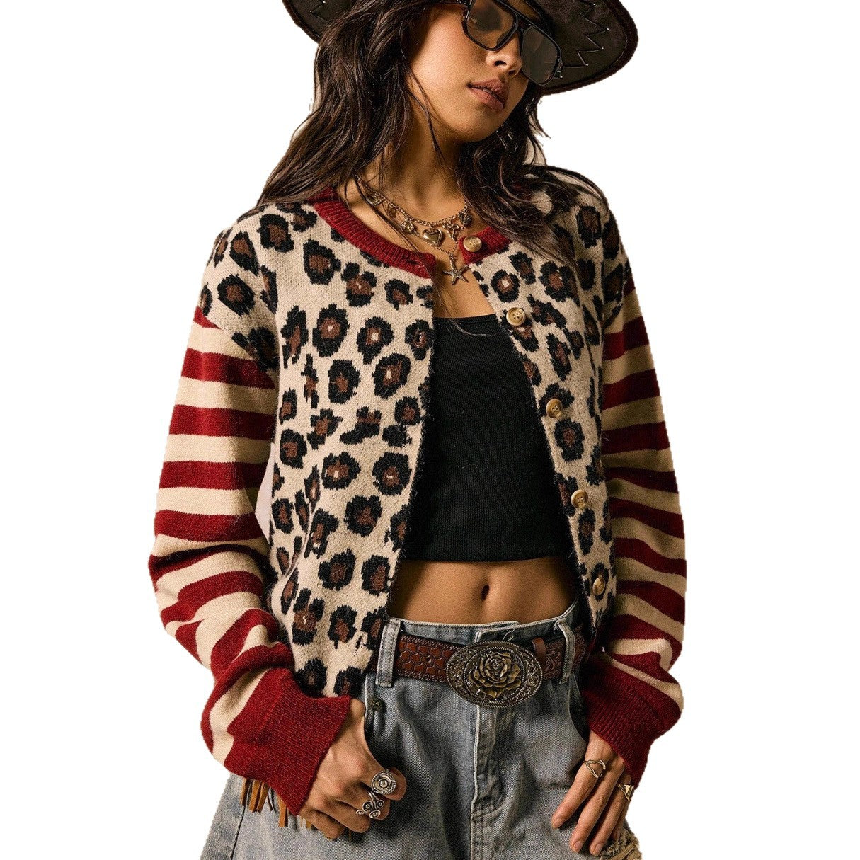 Women's Round Neck Striped Leopard Print Sweaters