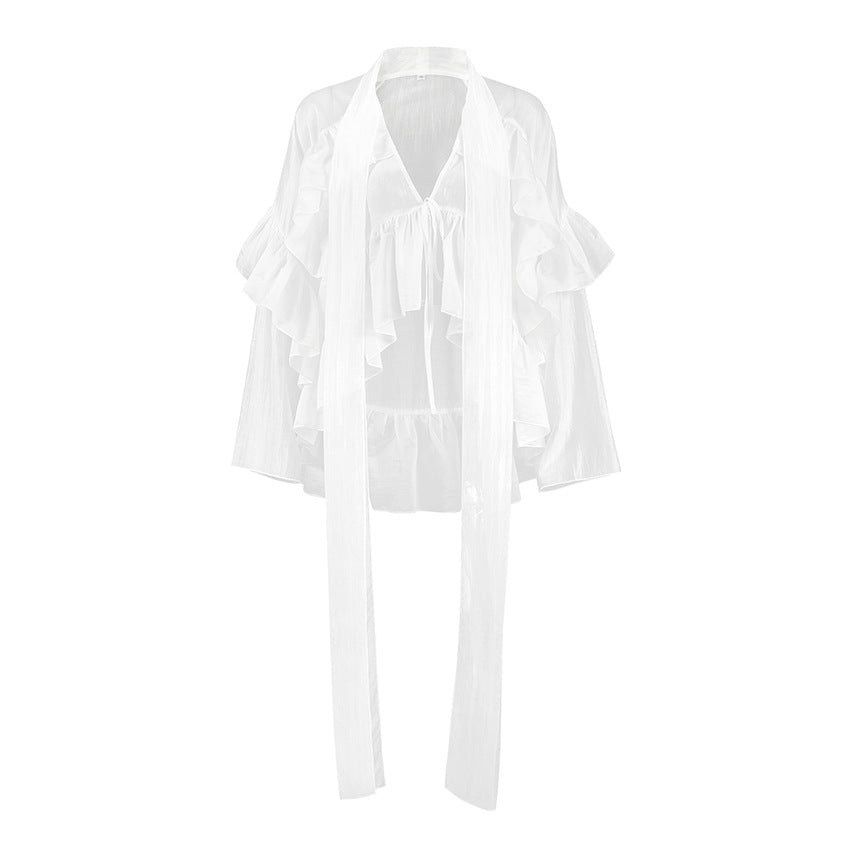 Women's French Ruffled Ribbon Shirt Fashion Wear Blouses