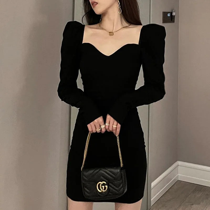 Women's French Style Puff Sleeve Black Square Collar Sheath Hepburn Dress