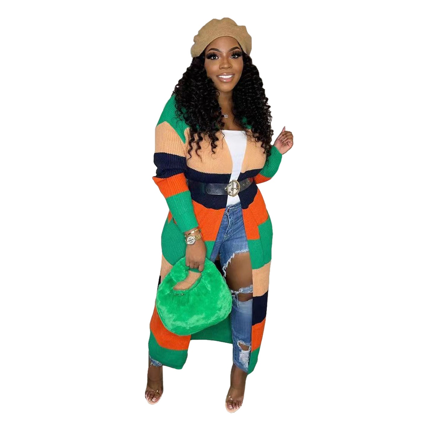 Women's Casual Contrast Color Handmade Knitted Long Sweaters