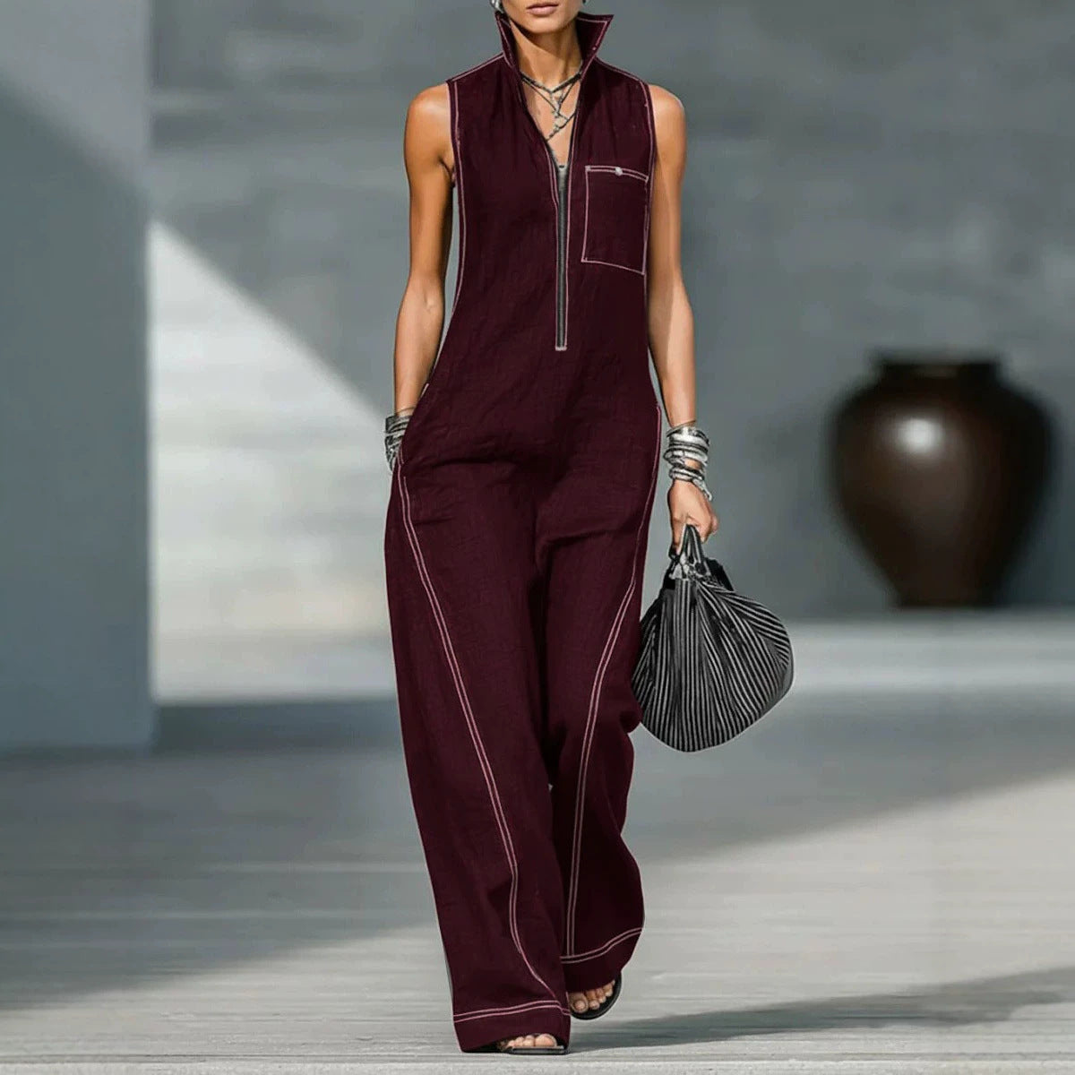 Women's Stand Collar Sleeveless Casual Loose Cotton Women's Jumpsuit/clothing