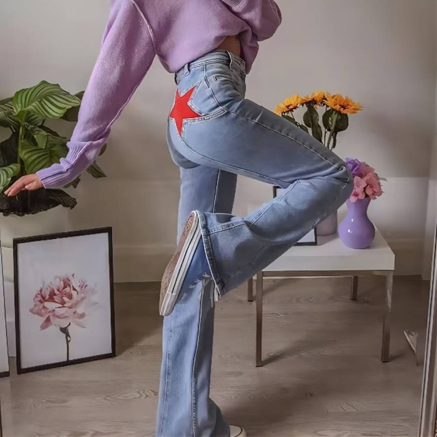 Retro Back Contrast Color Trousers Casual Jeans