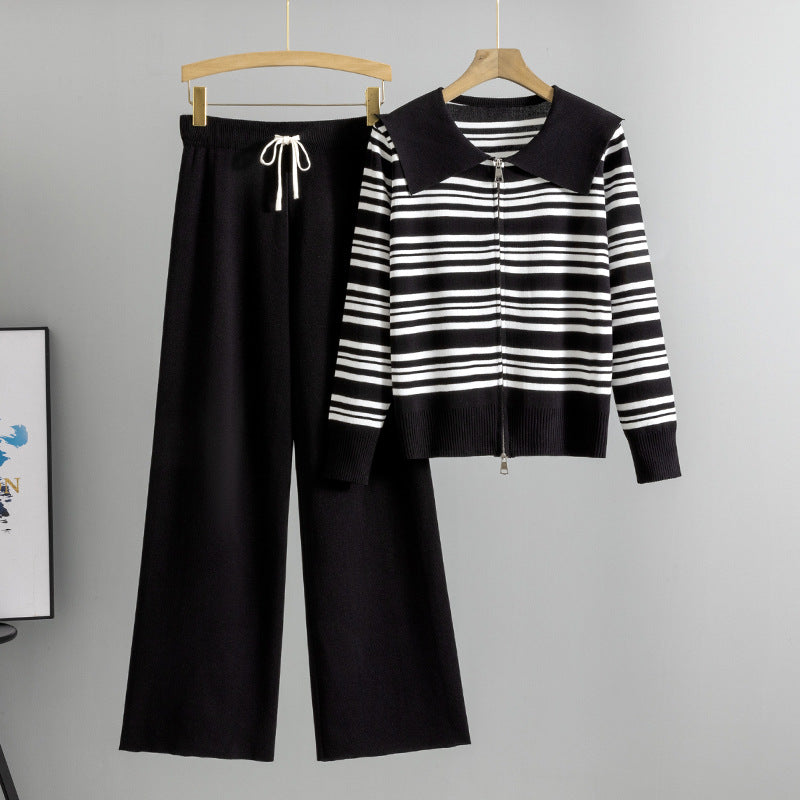 Women's Striped Korean Fashionable Casual Knitted Two-piece Suits