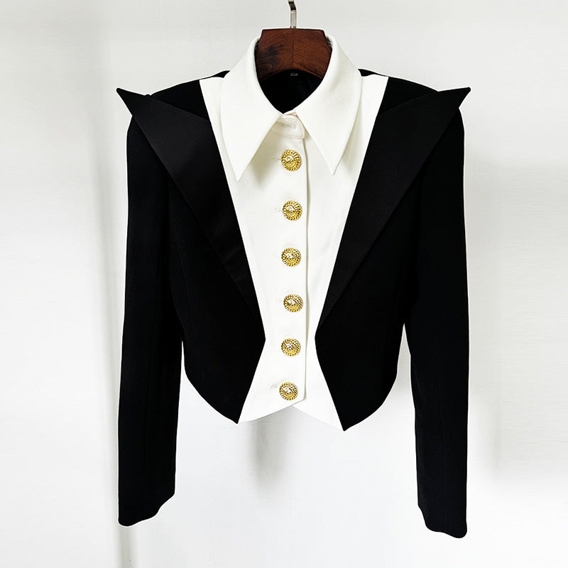 Fashion Color Contrast Patchwork Pointed Collar Jackets