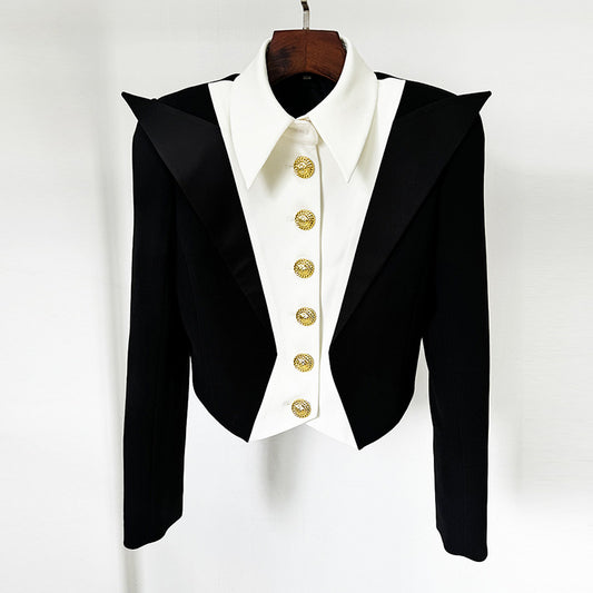 Fashion Color Contrast Patchwork Pointed Collar Jackets