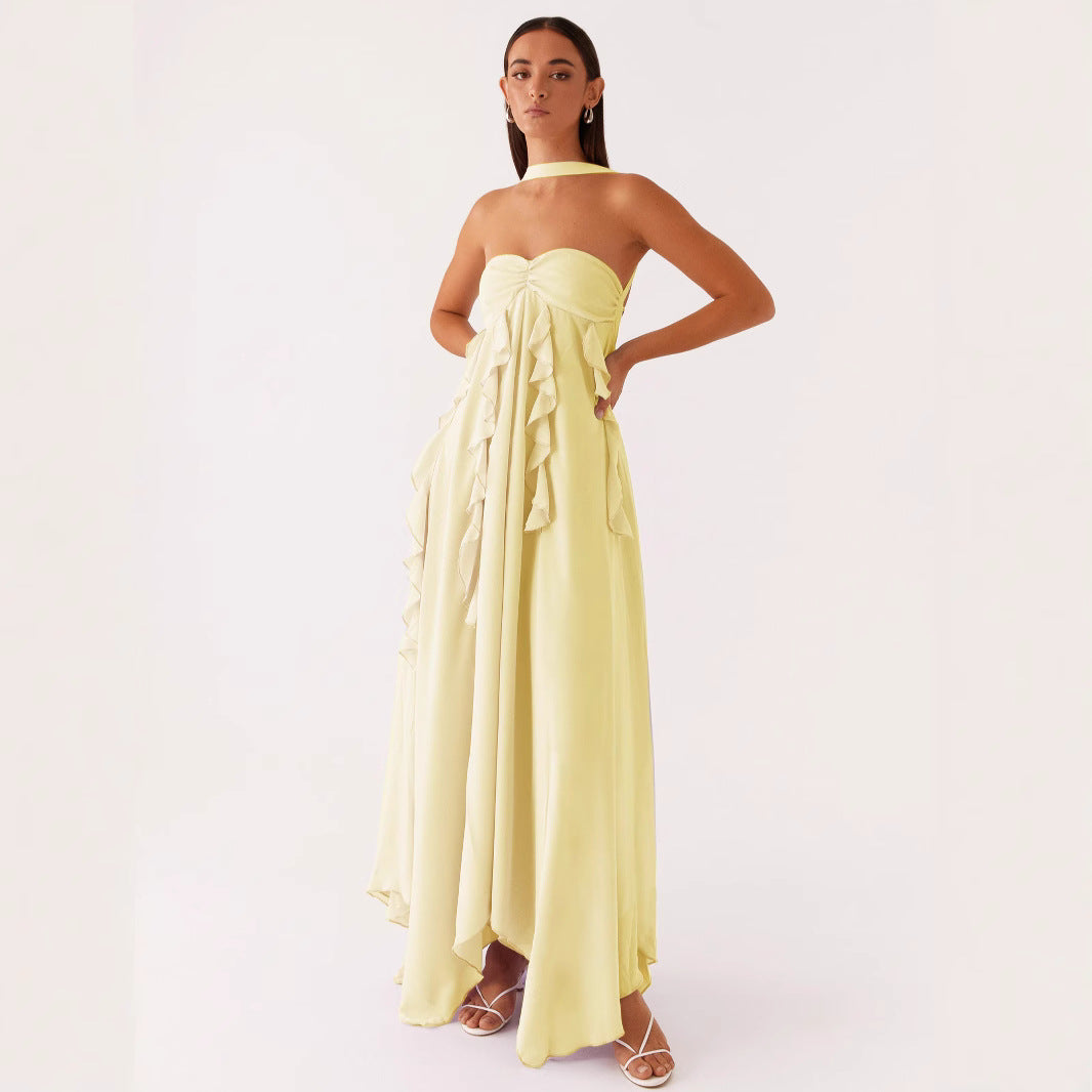 Spring Backless Halter Irregular Pleated Chiffon Dresses