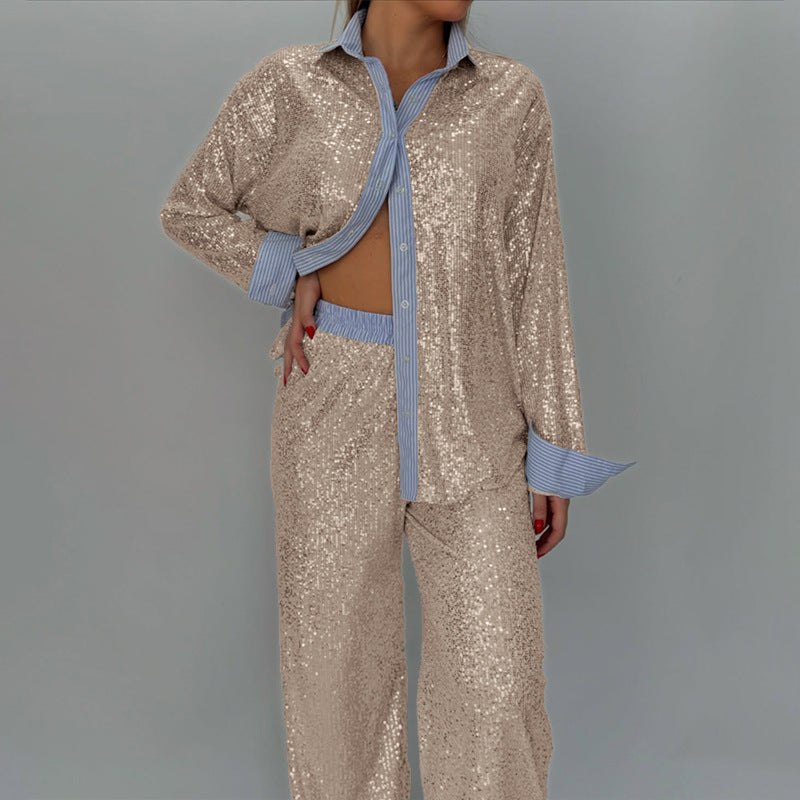 Pretty Loose Sequin Wide Leg Two-piece Fashion Casual Suit