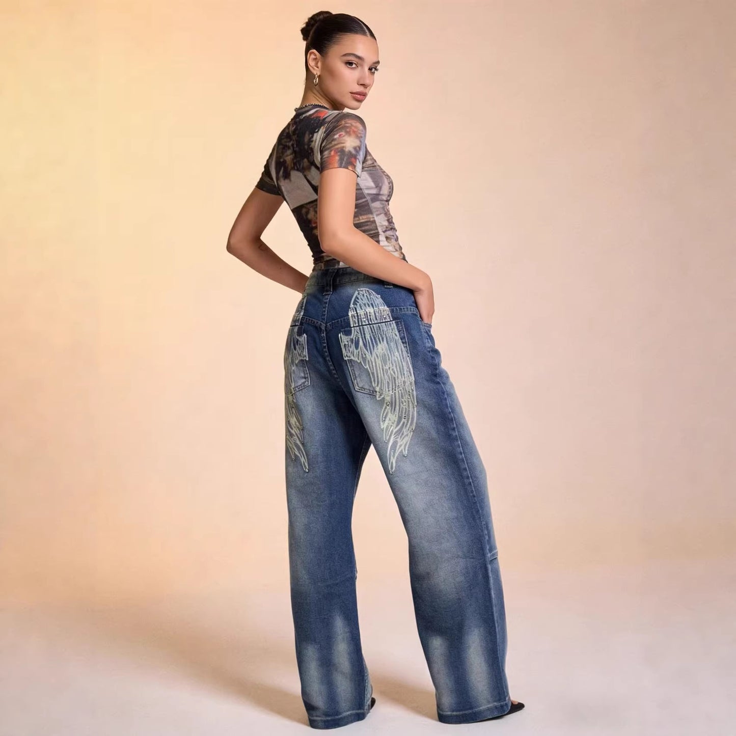 Women's Source Washed Distressed Gradient Wings Printing Retro Loose Women's Jeans