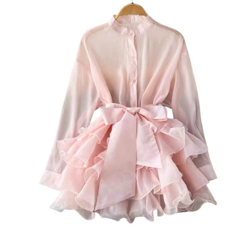Pure Color Ruffles Long-sleeved Shirt Niche Dresses