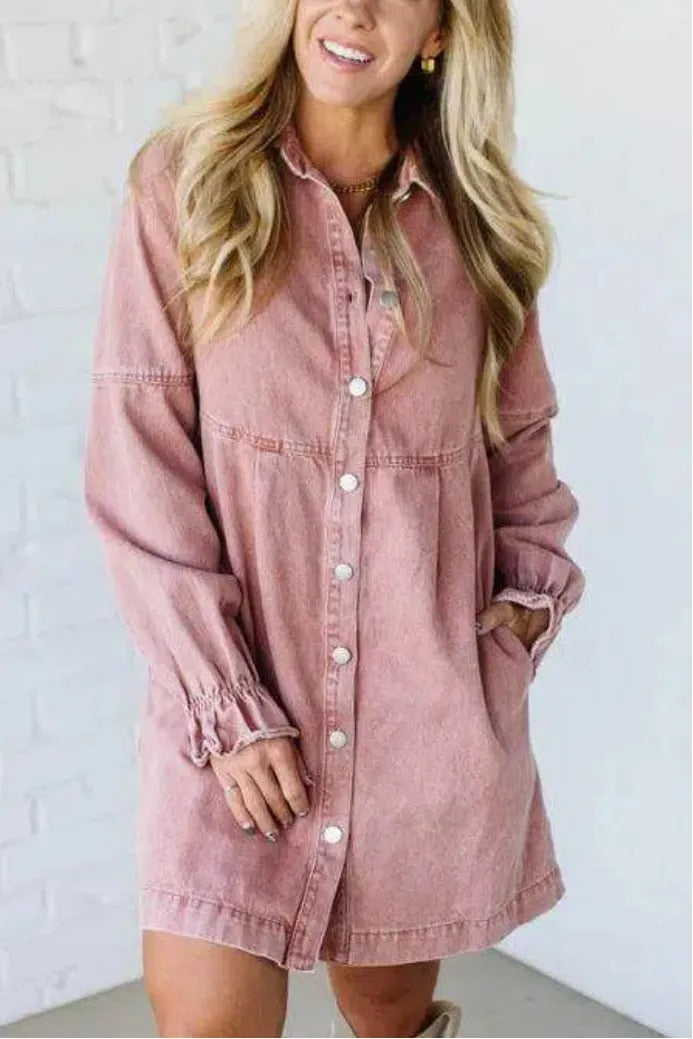 Women's Denim Button Lotus Leaf Long Sleeve Loose Dresses