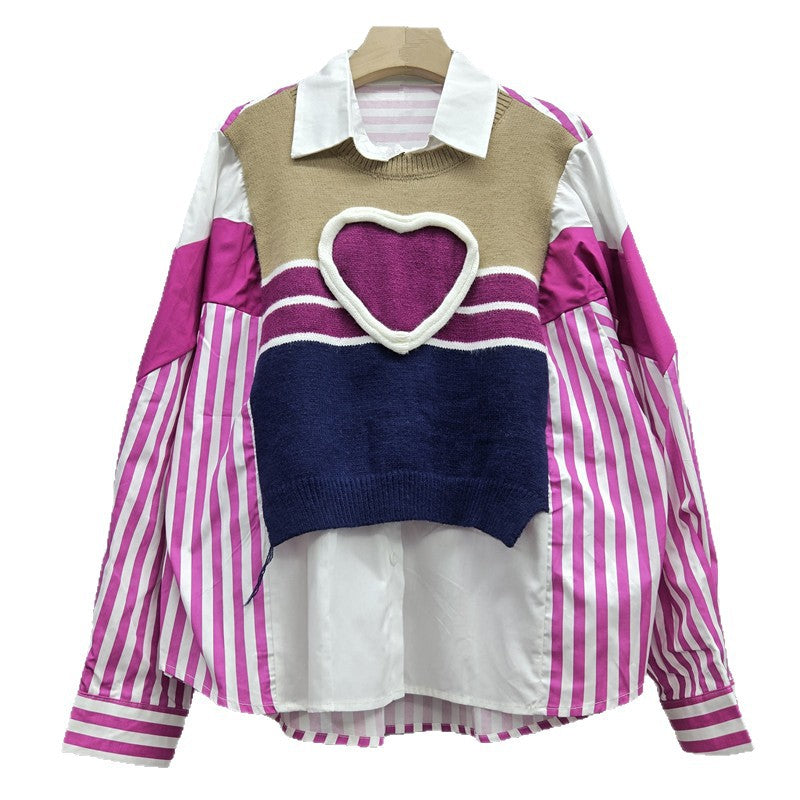 Women's Knitted Shirt Autumn American Stitching Contrast Blouses