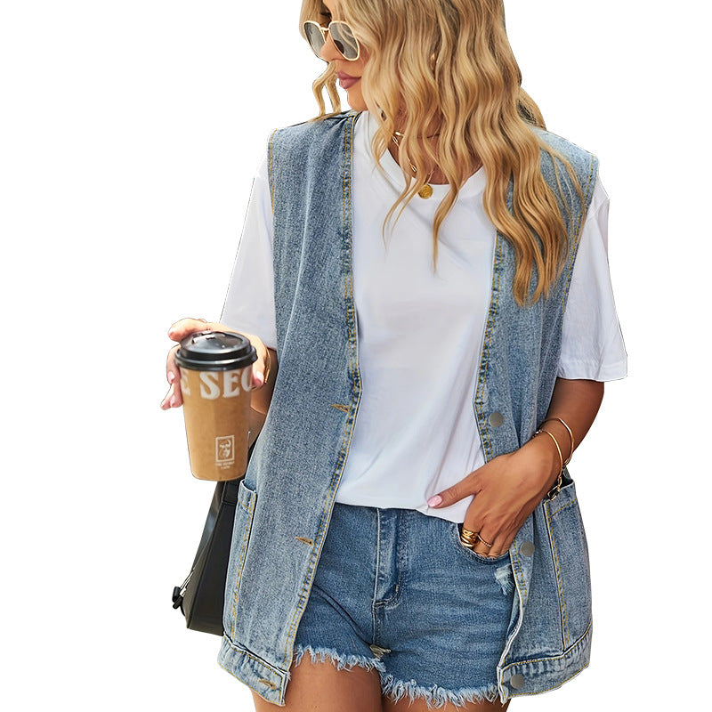 Women's Large Loose Pocket Denim Summer Sleeveless Vests