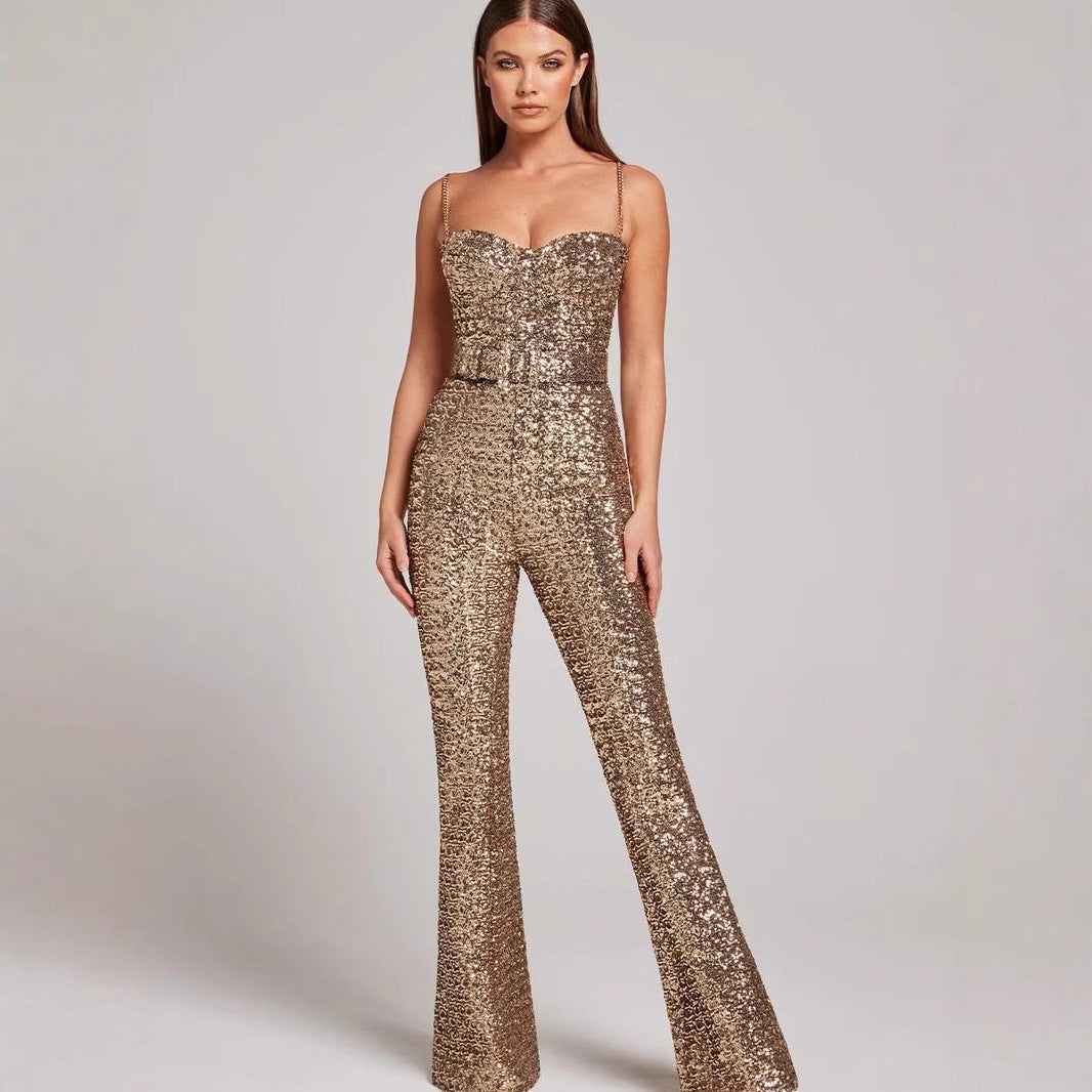 Women's Fashion Sexy Chain Belt Sequins Dress Jumpsuits
