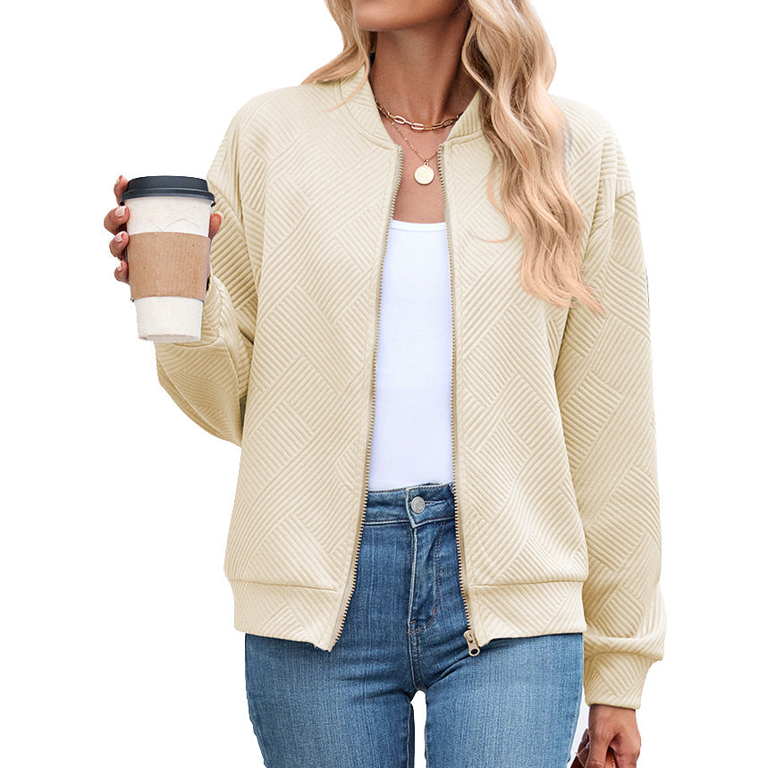 Solid Color Round Neck Loose Zip Long Sleeve Uniform