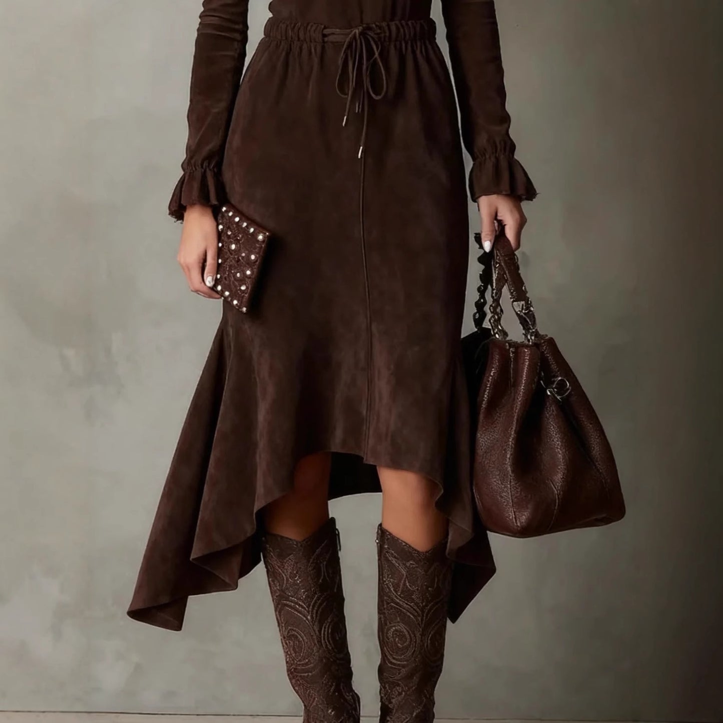 Women's Long Sleeve Tied Elastic Waist Solid Dresses