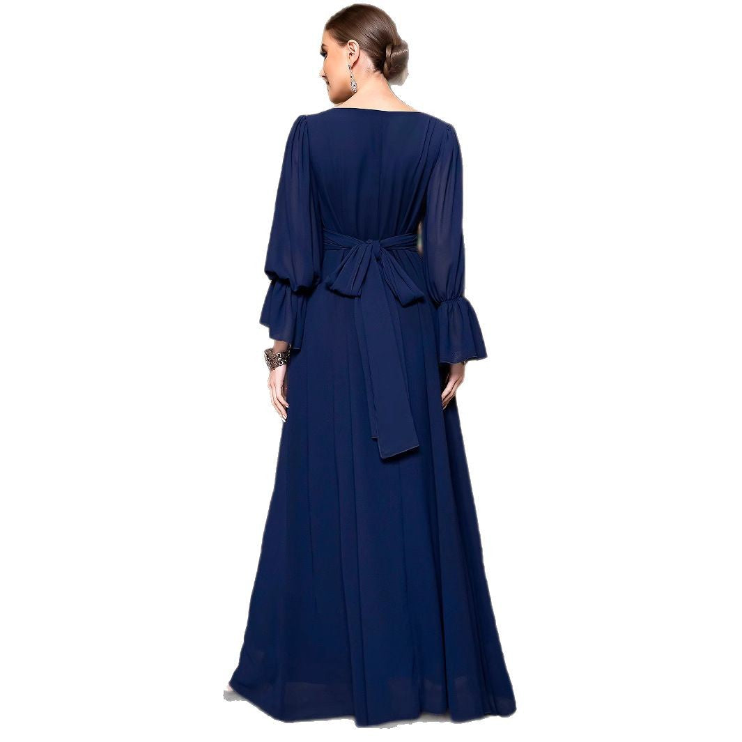 Navy Blue Chiffon Stitching Lace Collar Dresses