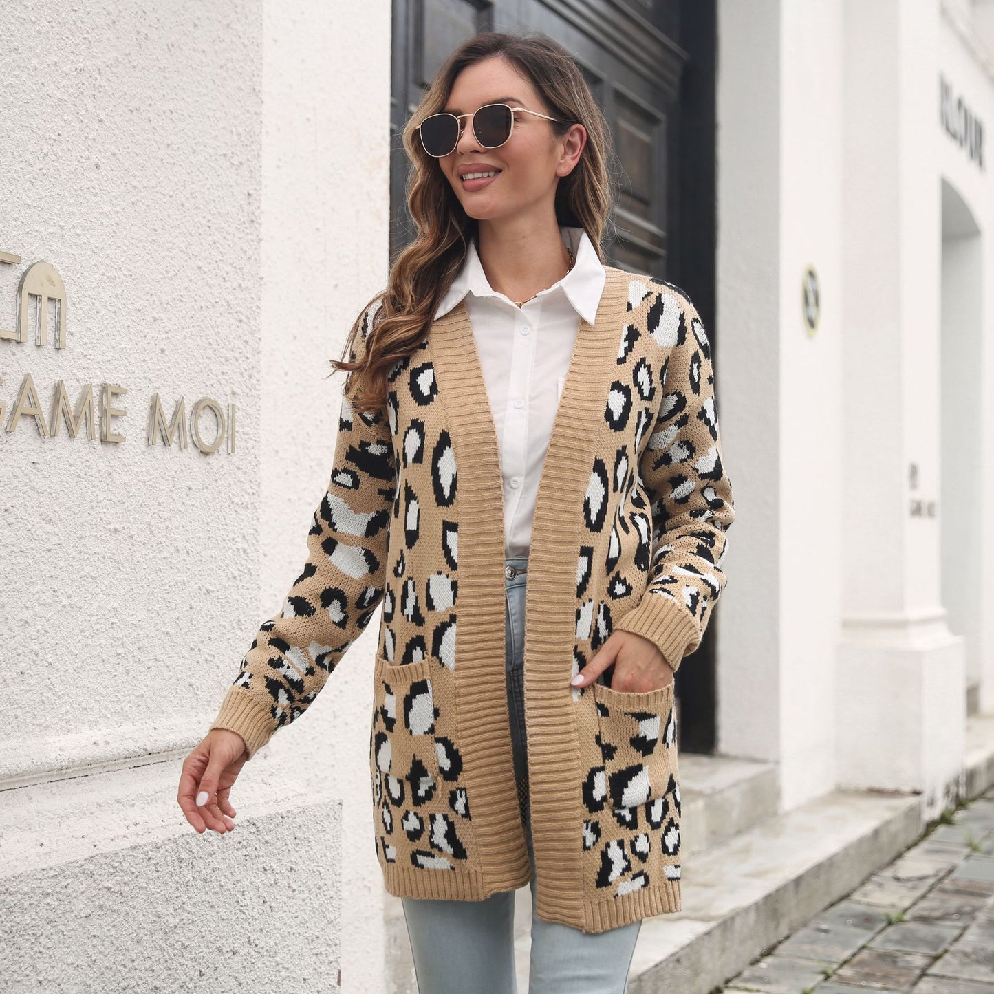 Women's Leopard Jacquard Pocket Long Knitted Loose Sweaters