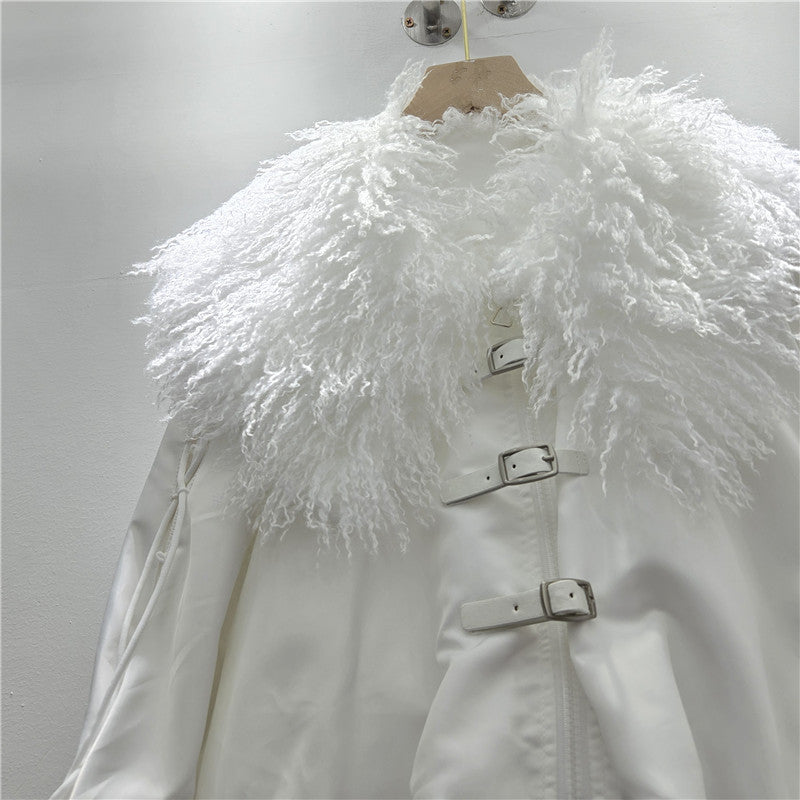 Street Winter Niche Hot Lamb Fur Collar Drawstring Belt Coats