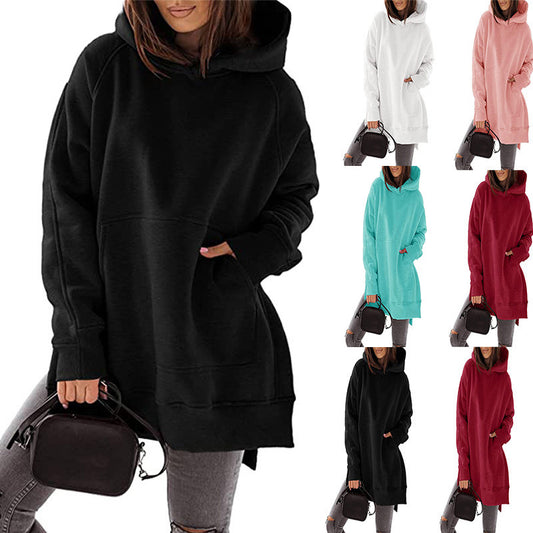 Women's Sleeve Round Neck Fleece-lined Solid Color Pocket Loose-fitting Women's Sweater, Sweater