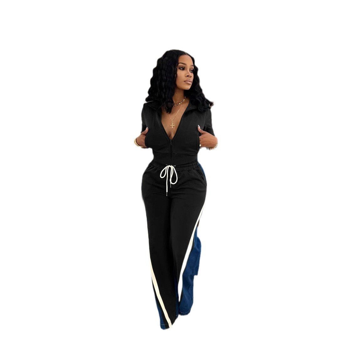 Women's Denim Thread Stitching Sport Two-piece Pocket Suits