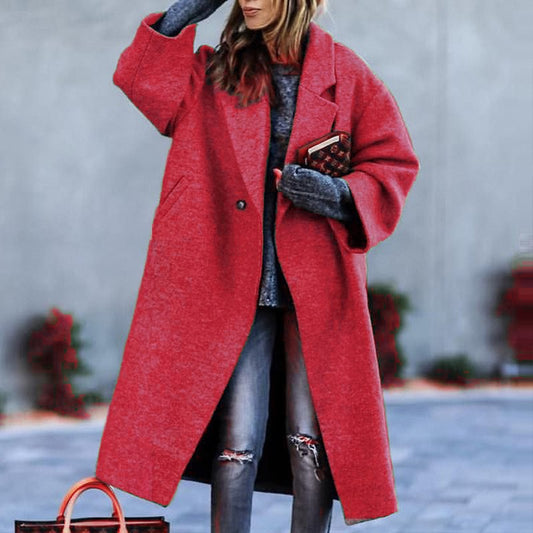Women's Long Woolen Color Temperament Commute No Belt Lapel Loose Coats