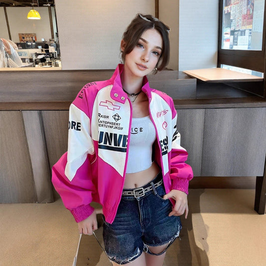 Women's American Retro Small Motorcycle Rose Pink Jackets