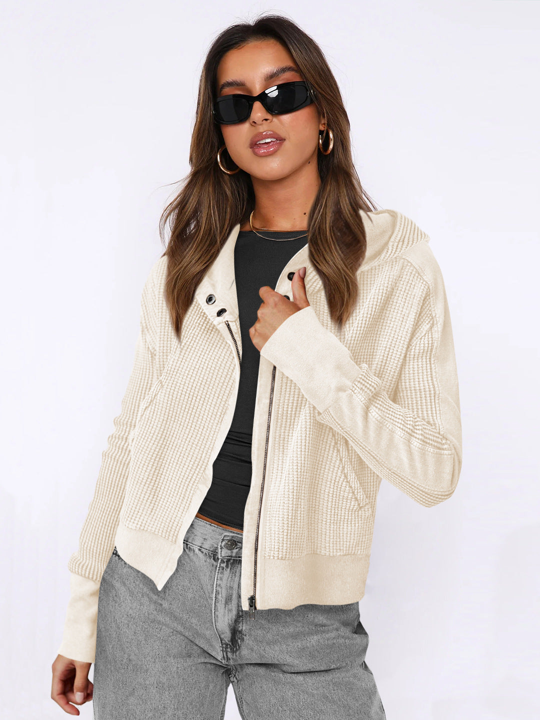 Women's Patchwork Hoodie Idle Style Zipper Hooded Sweaters
