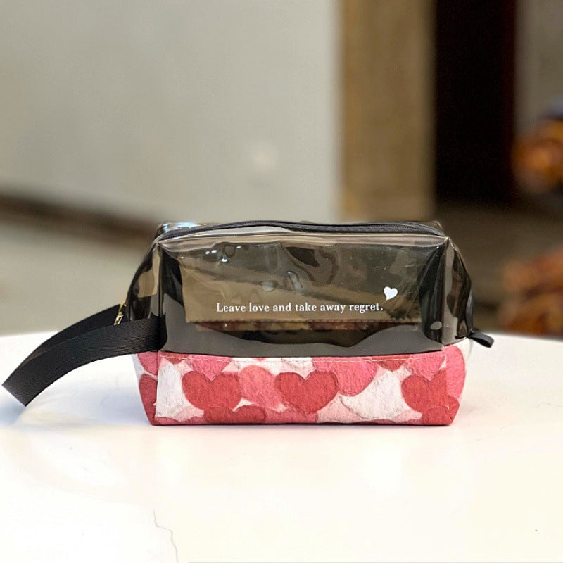 Zipper Translucent Love Peach Heart Flocking Large Capacity Portable Handbags