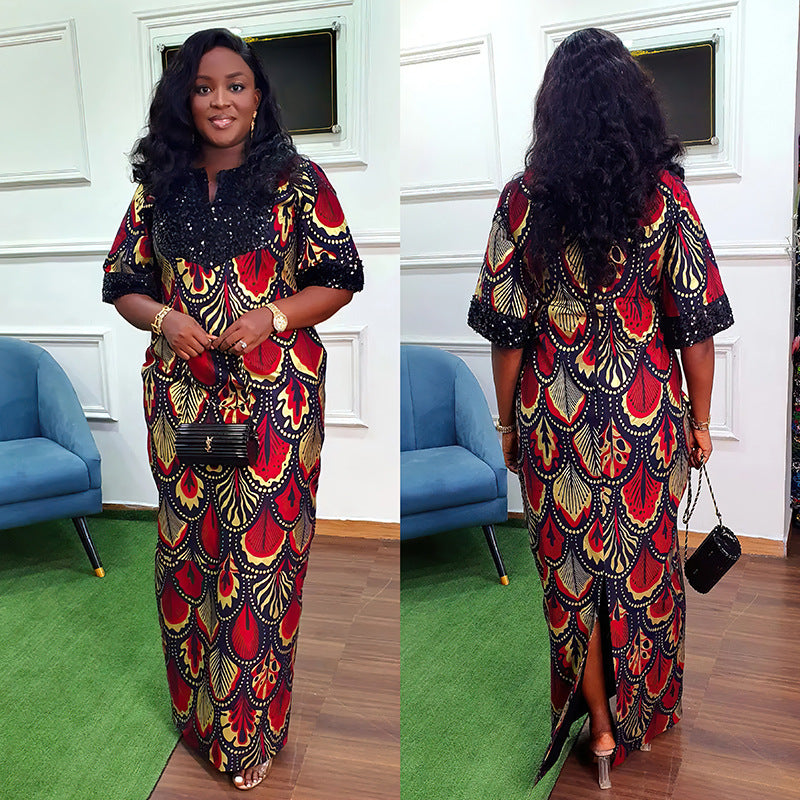 Women's African Satin Sequin Long Gown Dress Dresses