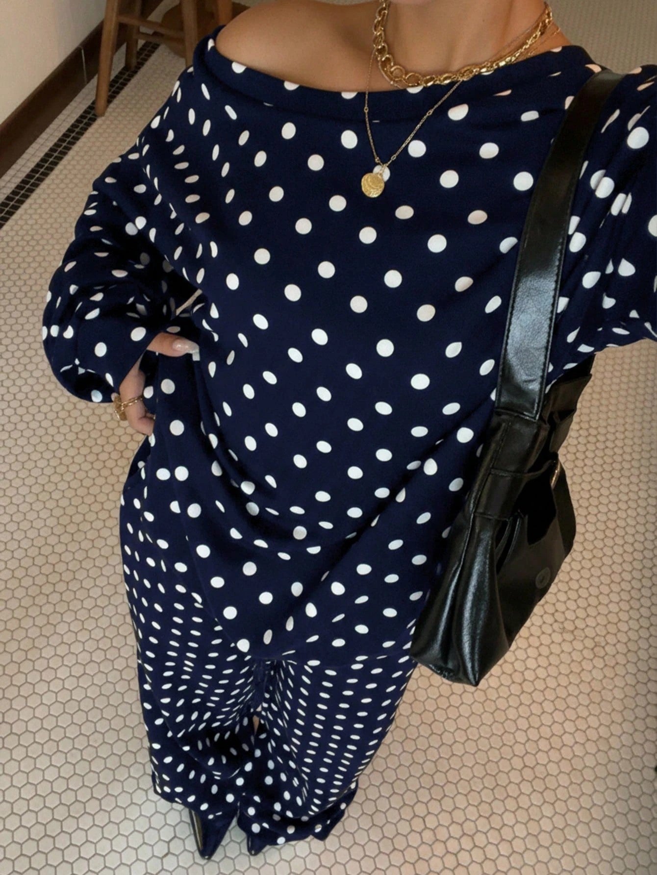 Women's Polka Dot Diagonal Collar Long Sleeve Pocket Drawstring Suits