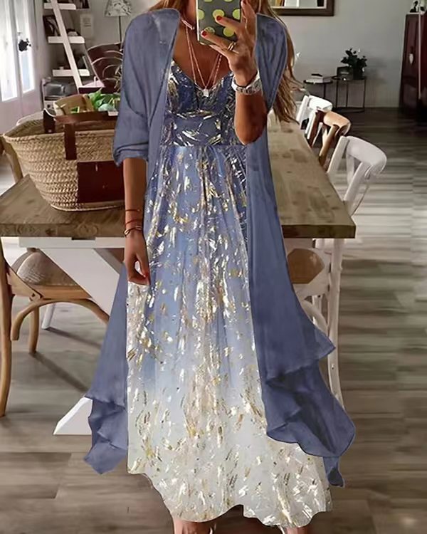Summer Printed Long Sleeve Loose Two-piece Dress